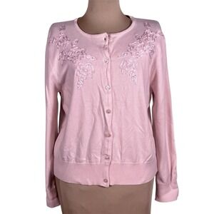 Fieldgear In Bloom Pastel Pink Floral Ribbon Appliqué Cardigan Sweater NWT L Vtg